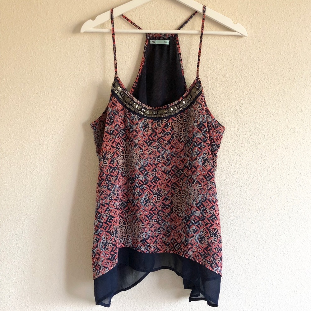 Maurices Coral / Navy Blue Geometric Handkerchief Hem Beaded Tank Top Size Large